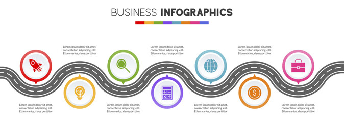 Infographics design template and icons with 7 options or 7 steps