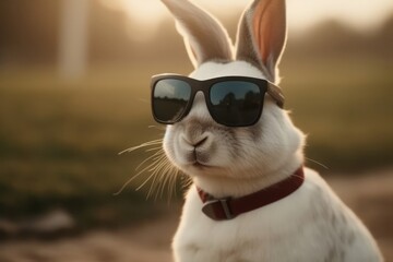Fototapeta na wymiar Rabbit With Shades On Fairway At Sunset Generative AI