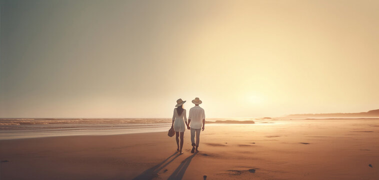 Enjoying life. Young couple walking on the beach, back view, unrecognisable persons. Vacations lifestyle concept, web banner. Created using generative AI tools