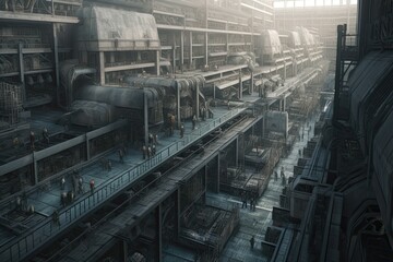 Sprawling factory complex stretches out as far as the eye can see with workers scurrying about like ants. Generative AI