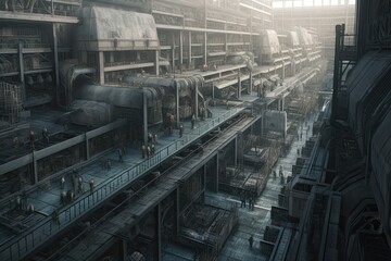 Naklejka premium Sprawling factory complex stretches out as far as the eye can see with workers scurrying about like ants. Generative AI