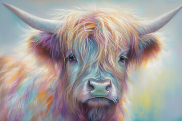 A Pastel Painting of a Baby HIghland Cow - Soft Colors, Nursery Colors, Nursery Art, Rustic Art, Wall Art - obrazy, fototapety, plakaty