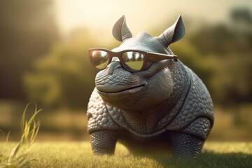 Obraz premium Rhino Wearing Shades On Golf Green At Sunrise Generative AI