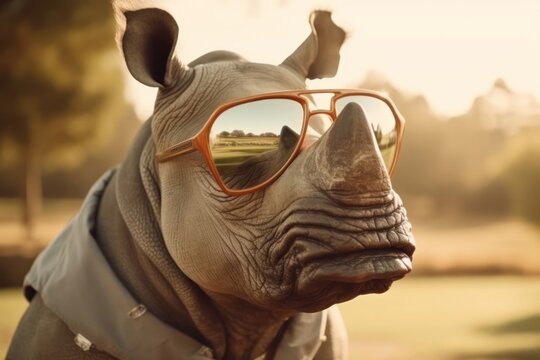 Rhino With Shades On Fairway At Sunrise Generative AI