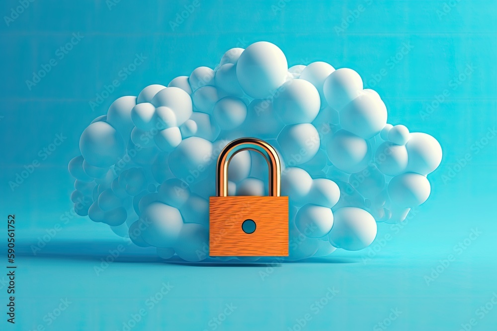 Poster padlock symbolizing security and protection hovering over a cloud of white balls representing data o