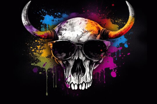 buffalo skull in sunglasses realistic with paint splatter abstract