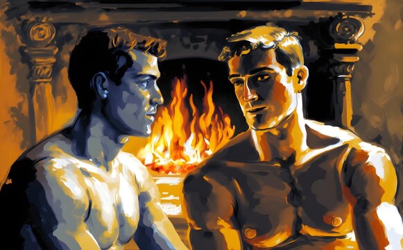 abstract expressionism painting of gay men in their 40s by a fireplace 