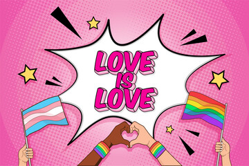 Gay pride month celebration background with love is love text in comic style speech bubble and LGBT flags