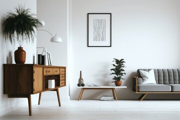 a living room with a white wall and wooden furniture, generative ai