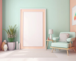 Morden living room interior with sofa, a coffee table, a lamp table , a pot of plant and a large picture frame with pastel color background with generative AI technology