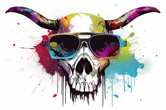 buffalo skull in sunglasses realistic with paint splatter abstract