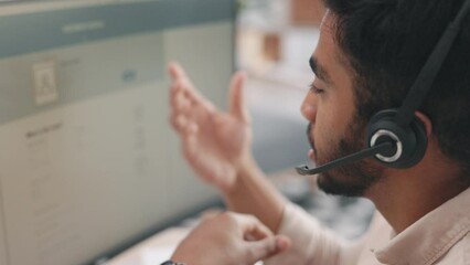 Call center, phone call and man with computer screen and discussion with CRM, customer service or telemarketing. Communication, headset and conversation, male consultant and help desk with advice