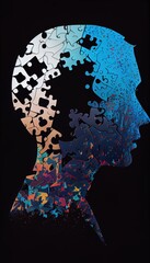 Mental health, psychotherapy, strategy, logical brain and memory creative abstract concept. Human Head silhouette with jigsaw puzzle pieces. Mindfulness, thinking, self care idea.  - obrazy, fototapety, plakaty