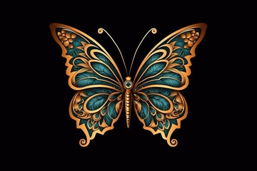 Fototapeta na wymiar vibrant gold and blue butterfly on a dark black background. Generative AI