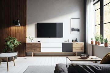 Living room with wooden furniture, Two tone color wall background, Modern living room decor with a tv cabinet, Generative AI