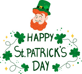 Happy Saint Patricks day lettering sign with clover leaves and green hat