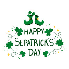 Happy Saint Patricks day lettering sign with clover leaves and green hat