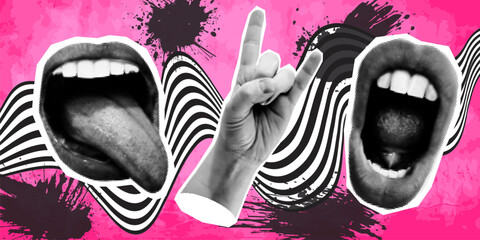 Woman mouth and hand as retro halftone collage elements for mixed media design. Mouth in scream, with tongue, horn hand gesture in halftone texture, dotted pop style. Vector grunge punk crazy art - obrazy, fototapety, plakaty