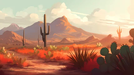 Zelfklevend Fotobehang Zalmroze Cacti and mountains in desert landscape - 2d illustration - Generative AI