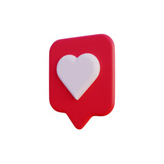 Social media like love icon notification 3d render isolated side view PNG transparent