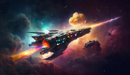 Fototapeta na wymiar Spaceship flying through colorful nebula