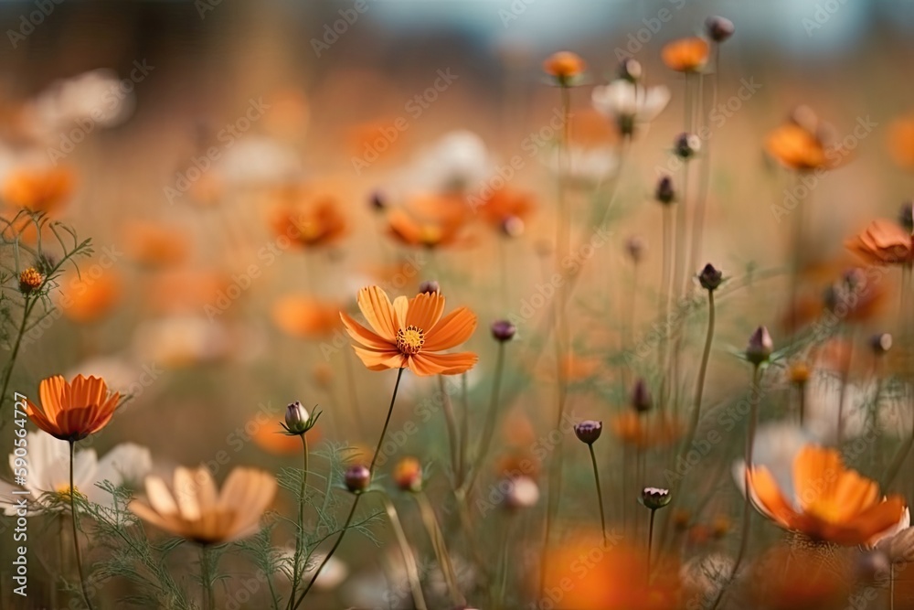 Canvas Prints vibrant field filled with orange and white flowers under a clear blue sky. Generative AI