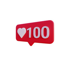 Social media 100 like love icon notification 3d render isolated side view PNG transparent