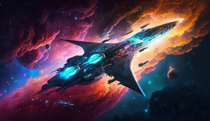 Spaceship flying through colorful nebula
