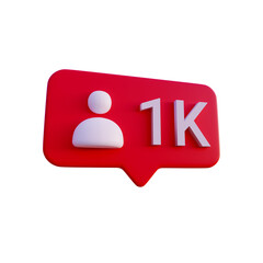 Fototapeta premium Social media 1k follow icon notification 3d render isolated perspective view PNG transparent