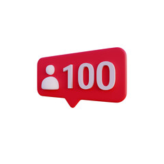 Social media 100 follow icon notification 3d render isolated side view PNG transparent