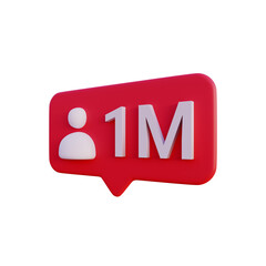 Social media 1 million follow icon notification 3d render isolated side view PNG transparent