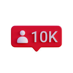 Social media 10k follow icon notification 3d render isolated front view PNG transparent