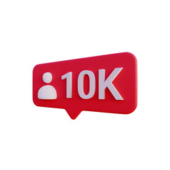 Social media 10k follow icon notification 3d render isolated side view PNG transparent