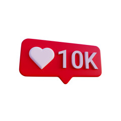 Social media 10K like love icon notification 3d render isolated perspective view PNG transparent