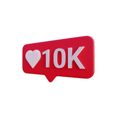 Social media 10K like love icon notification 3d render isolated side view PNG transparent