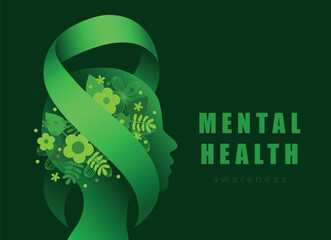 Mental Health Awareness Month vector illustration with green ribbon and flowers. Human abstract profile with green ribbon, Mental health awareness - 590565100