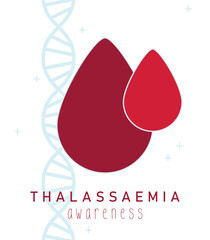 International Thalassaemia Day May 8th. Thalassaemia awareness, inherited condition affecting the blood. Thalassaemia blood test. Blood red drops and DNA