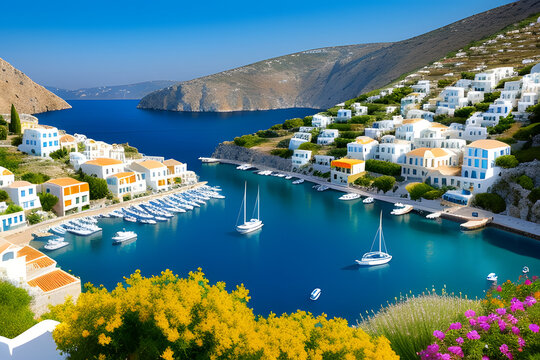 Scenic waterfront on the Greek island of Symi, Dodecanese, Greece.