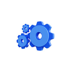 Blue three gear setting icon 3d render isolated side view PNG transparent