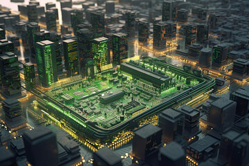 Smart green city on circuit board background. Futuristic cyberspace concept. Generated AI