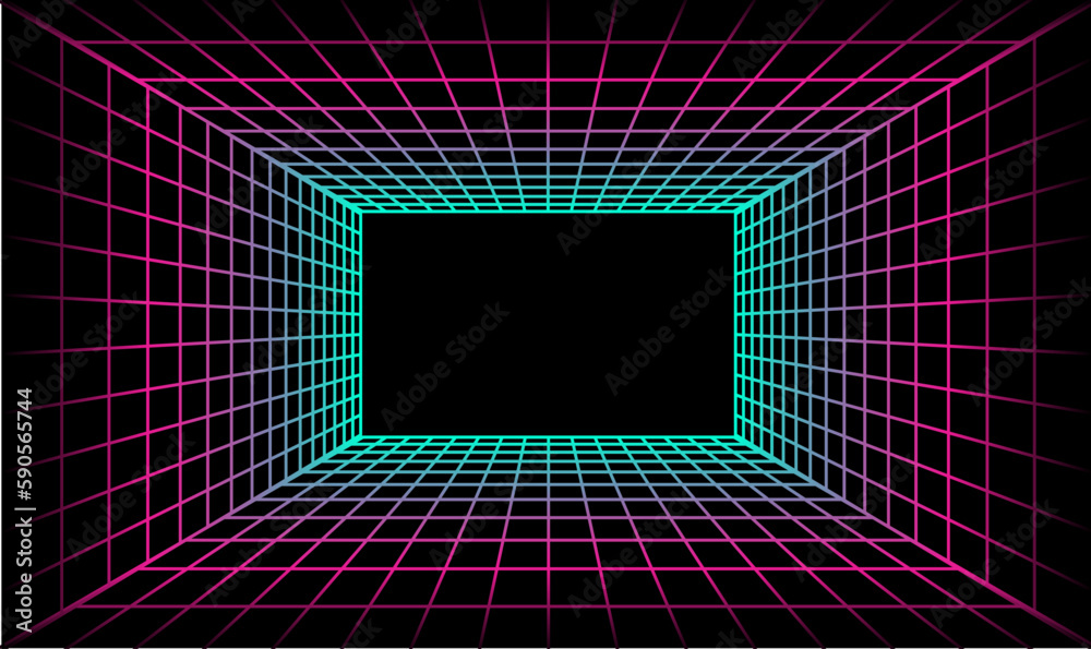 Aufkleber Abstract perspective rectangles line frame overlay pattern by colorful light line glitch effect isolated on black background. Vector illustration AI technology, digital, communication, science, music
