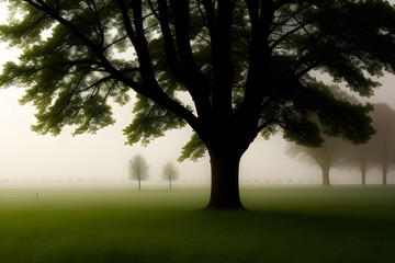 Moody foggy weather in the Netherlands with multiple tree silhouettes in a green grass field