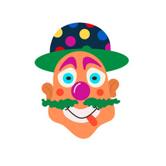 Vector illustration of a smiling clown on a white background. Circus carnival cartoon art illustration. Design for happy birthday party, poster, banner, card, web site, modern trendy flat style