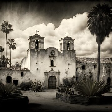 San Juan Capistrano mission in the early 1900s cloudy sky black and white photo 