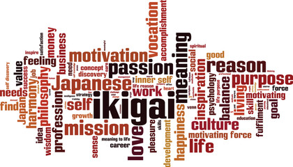 Ikigai word cloud concept. Collage made of words about ikigai. Vector illustration 