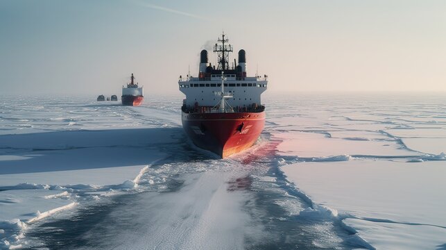 Icebreaker ship on the ice in the sea. Generative Ai