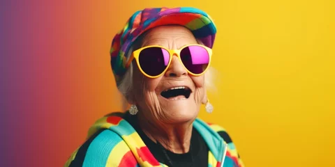 Fotobehang lachend Frau mit bunter Kleidung, Fitness, generative AI © Jenny Sturm