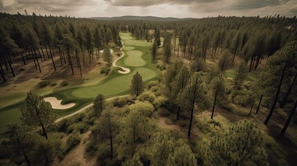 Obraz premium Aerial view of green grass and trees on a golf field. Generative Ai.