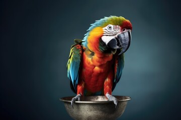 vibrant parrot perched on a metallic bowl. Generative AI