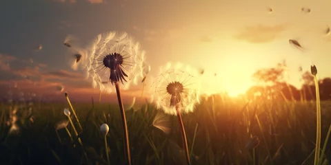Foto op Canvas Wiese mit Pusteblumen im Sonnenuntergang, generative AI © Jenny Sturm